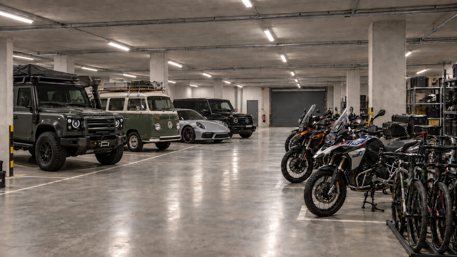 Autos, Motorräder und Fahrräder in einer Lagerhalle – Sportlager München